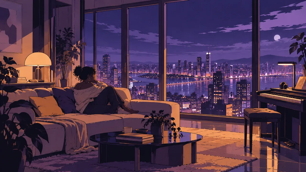 A high-rise apartment late at night, a violet-blue sea of city lights outside the floor-to-ceiling window, inside just one warm lamp and an electric piano.