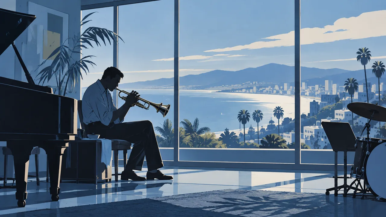 A '50s West Coast studio with big windows, an original trumpeter with a mute in cool blue shade.