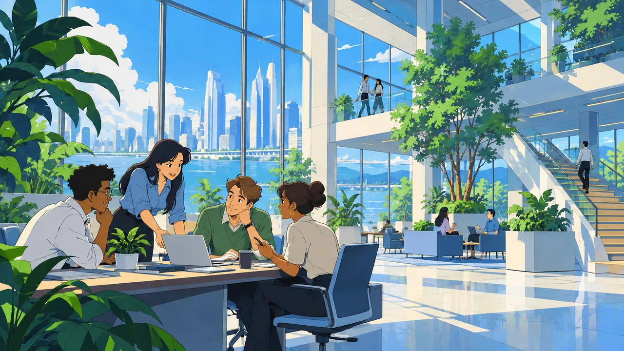 A bright modern office atrium with plants and glass, original diverse coworkers collaborating, optimistic morning light.