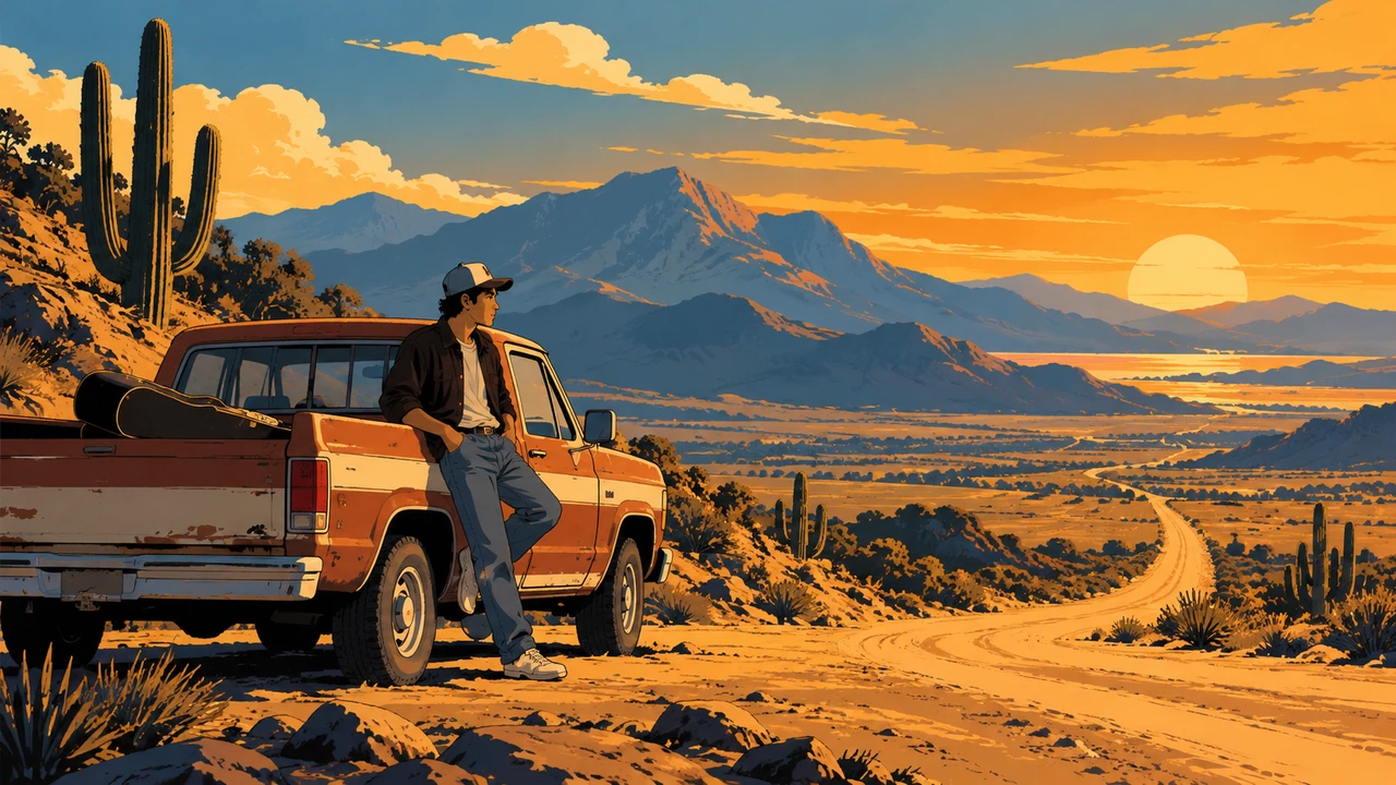A young man leaning on an old pickup with a guitar case on a desert road at golden hour