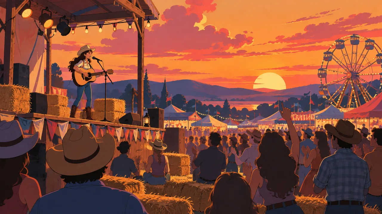 A small-town summer fair at sunset with a Ferris wheel, an original singer in boots on a hay-bale stage, friendly crowd.