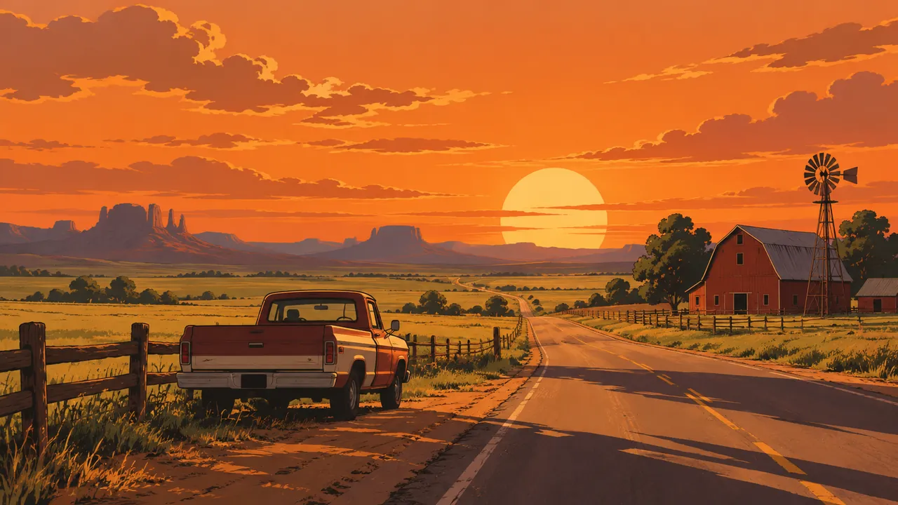 A western highway at sunset, an old pickup parked by a wooden fence, a barn, windmill and endless prairie beyond.