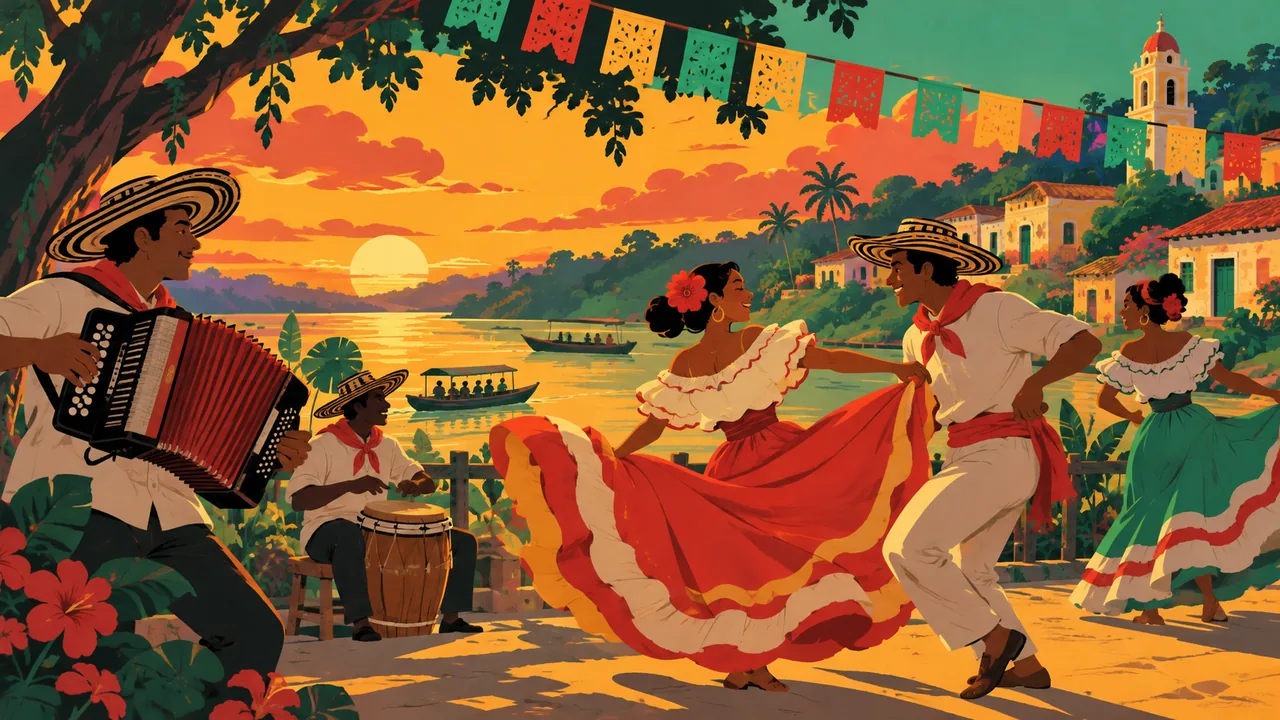 A Colombian riverside village fiesta at dusk, original dancers with flowing skirts, accordion and drums, paper flags.