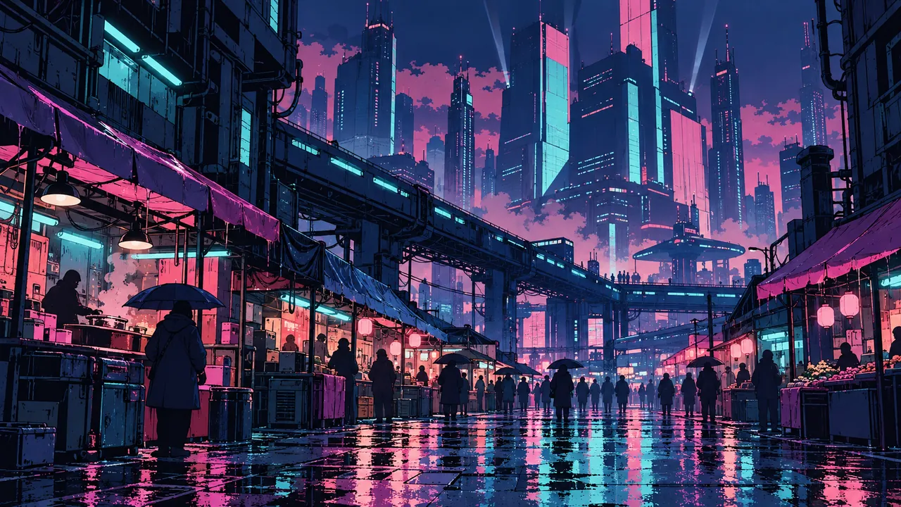A rainy night market beneath a corporate surveillance tower