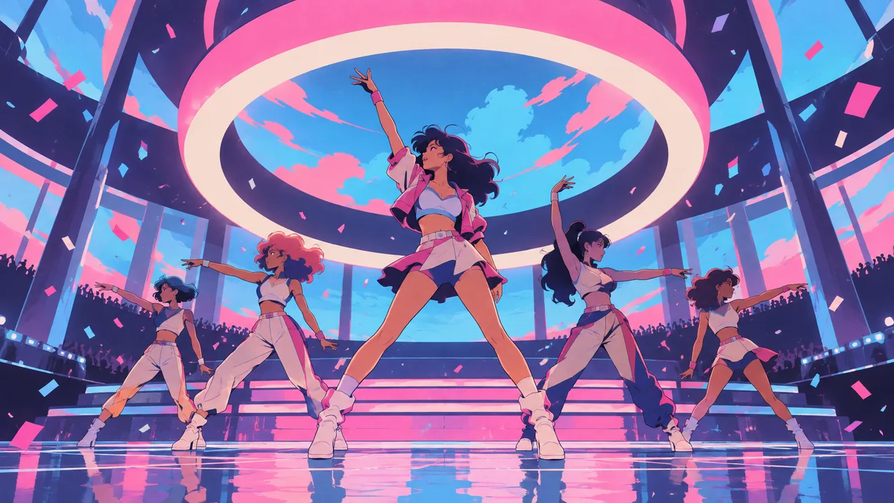 A glossy pop stage with a giant flat light ring, original dancers in formation, confetti shapes.