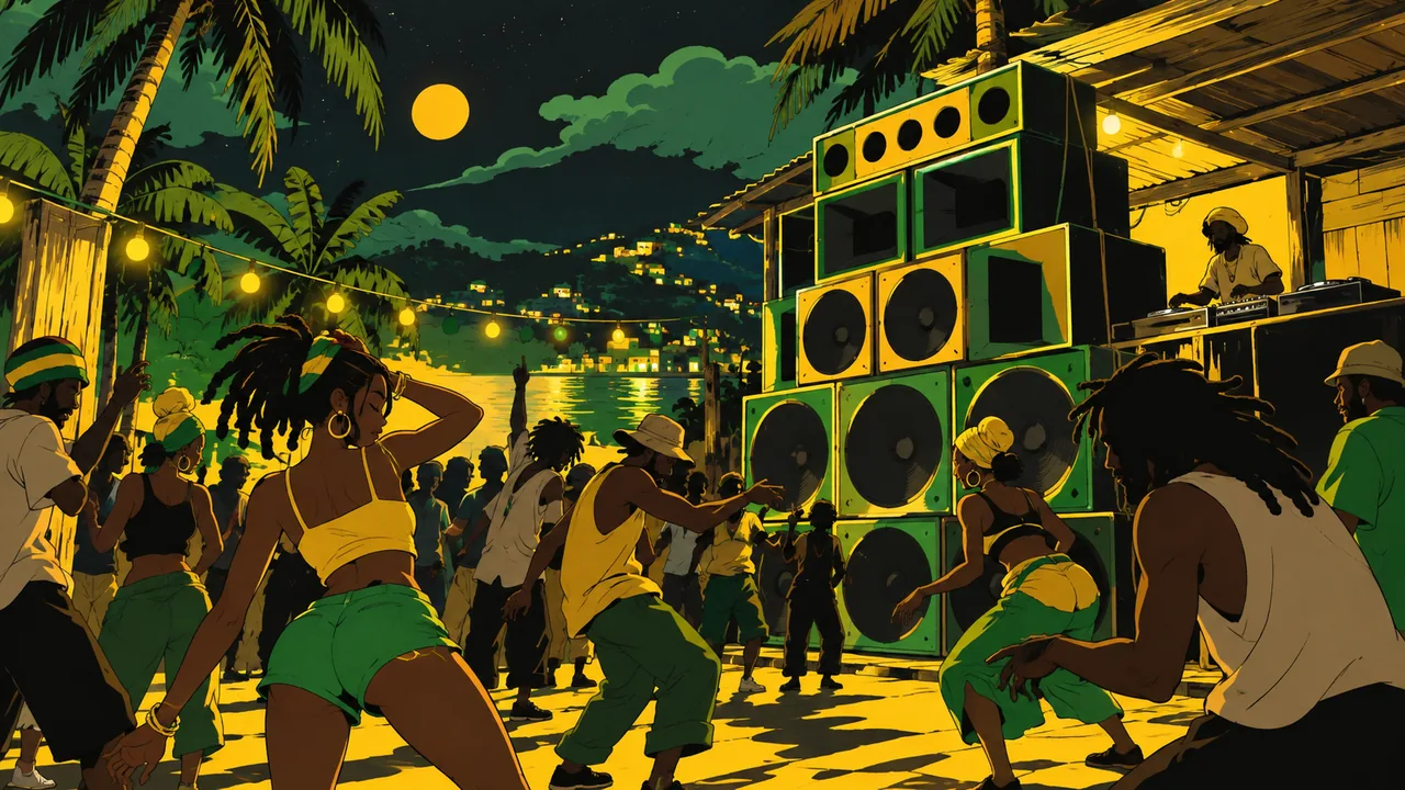 A Jamaican street sound system party at night, a towering speaker stack, original dancers, bright yellow, green and black.