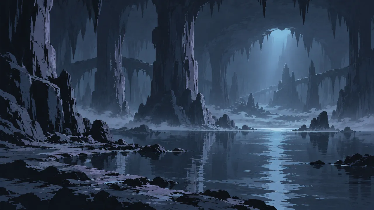 A vast underground hall whose edges vanish into mist