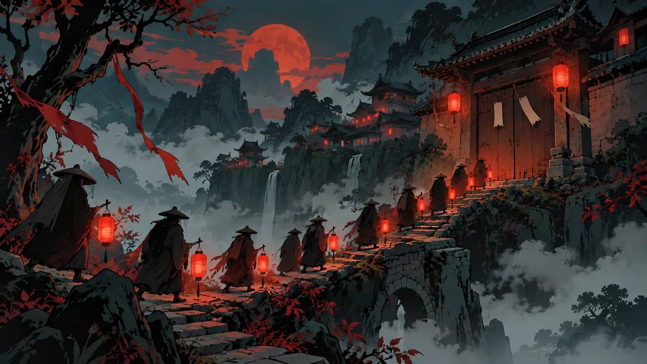 A misty ancient village at night, red lanterns swaying, an old wooden gate with blank paper charms, a line of faceless lantern-bearers on a stone path.