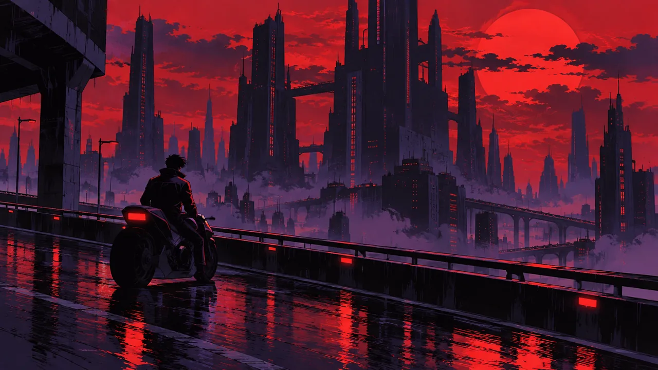 A rain-soaked megacity overpass at midnight, a lone motorcyclist under a blood-red sky, dark towers with sharp geometric windows.