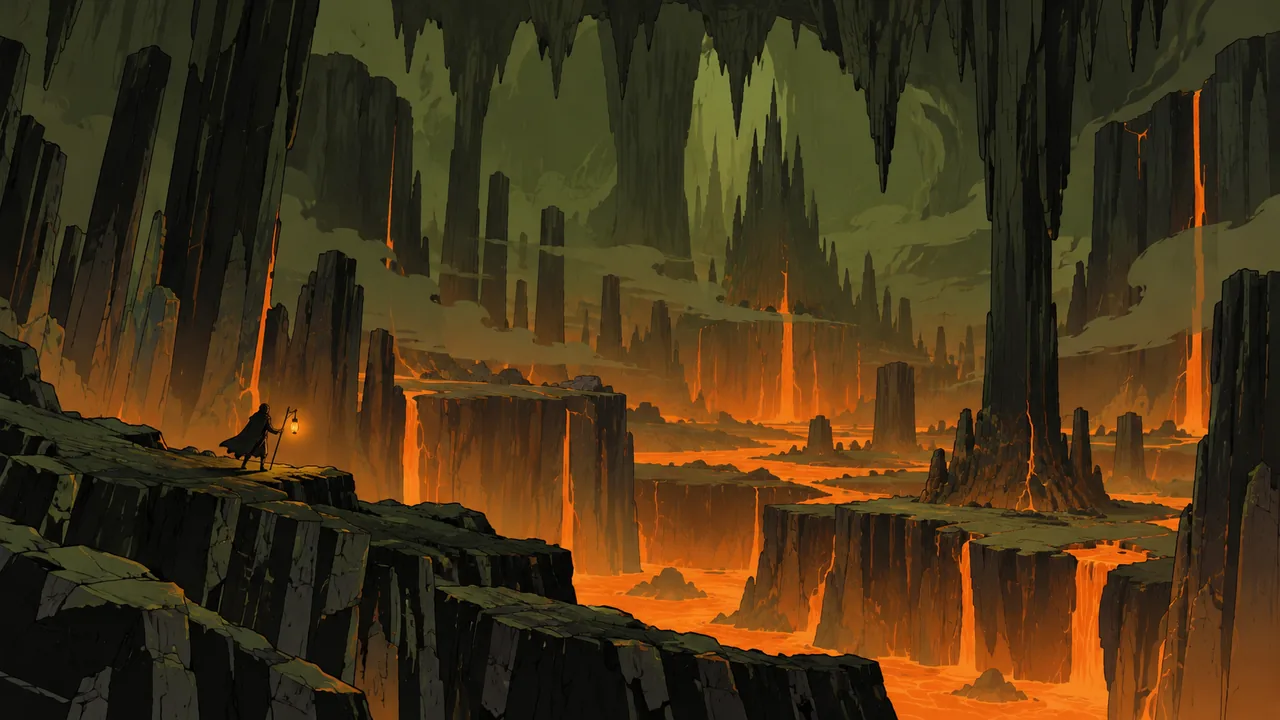 A vast cavern of black basalt pillars, sulphur glow from floor fissures, an explorer with a lantern at the edge.