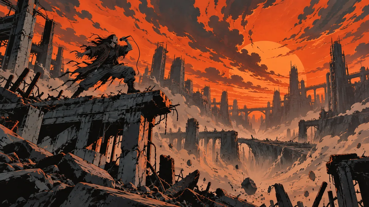 A colossal concrete ruin under a blood-orange sky, an original vocalist roaring from a broken platform, a shockwave rippling through dust.