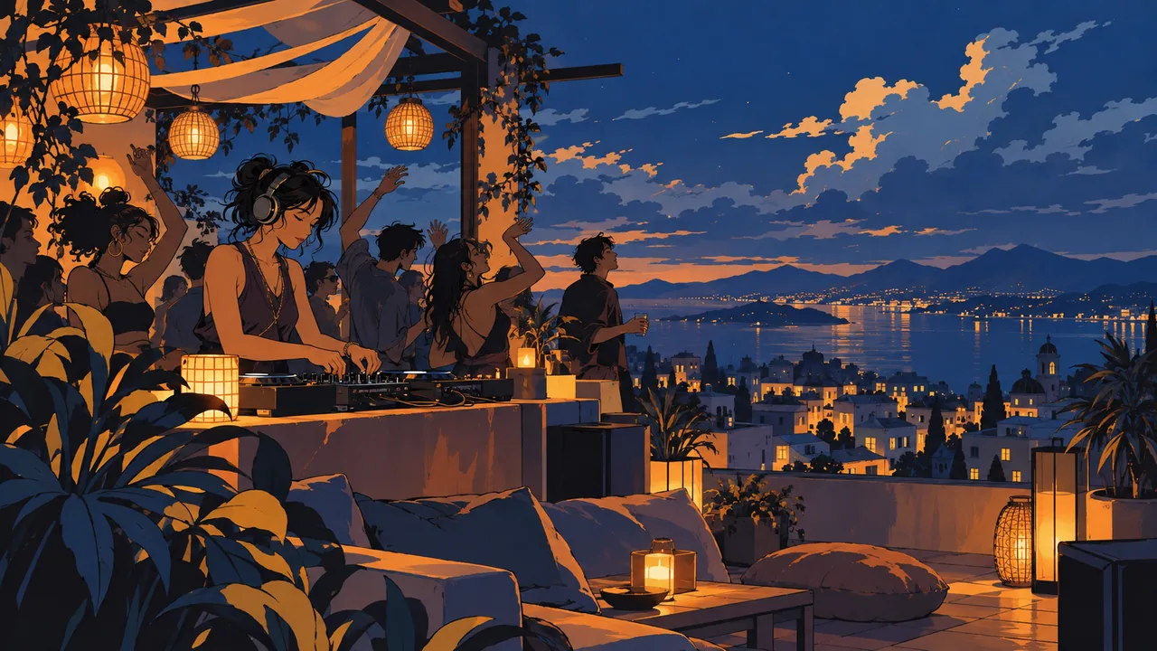 A late-night rooftop lounge above a quiet city, an original DJ at a small mixer, friends dancing softly, amber lamps and a deep blue sky.