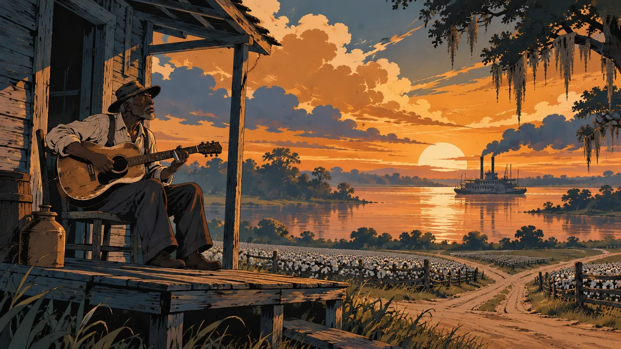 A lonely shack porch by a wide muddy river at dusk, an original old bluesman with an acoustic guitar and bottleneck, cotton fields and a crossroads beyond.