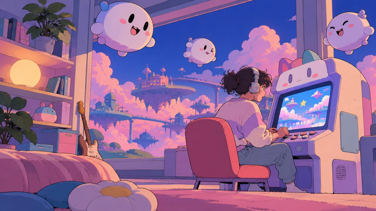 An original character in a virtual playroom with toy buttons and floating mascots