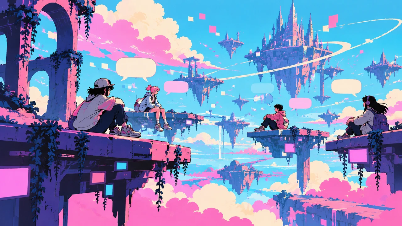 Teenage avatars on floating platforms and blank speech bubbles in a candy-coloured void
