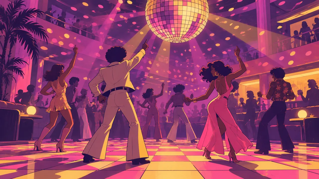 A light-up dance floor glowing tile by tile, a giant mirror ball scattering dots across the walls, dancers frozen mid-move in pink-violet haze.