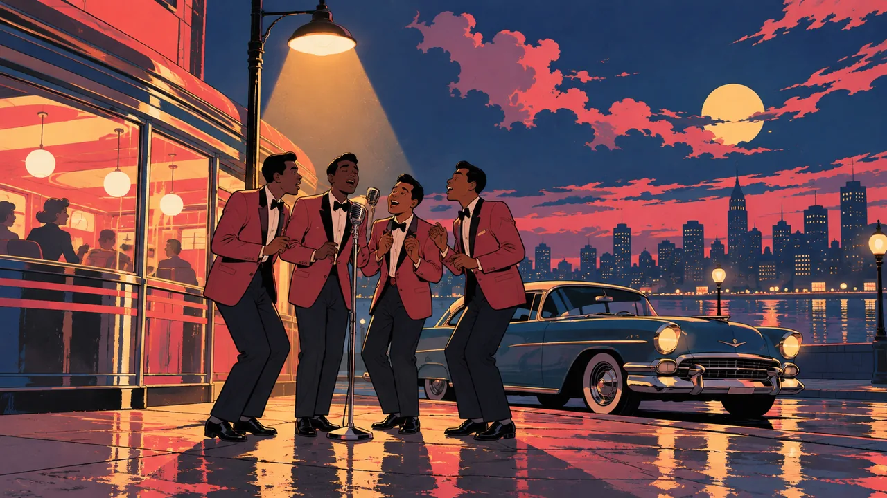 A '50s street corner at night under a lamp, four original singers in matching jackets harmonising at a mic, a diner and vintage car behind.