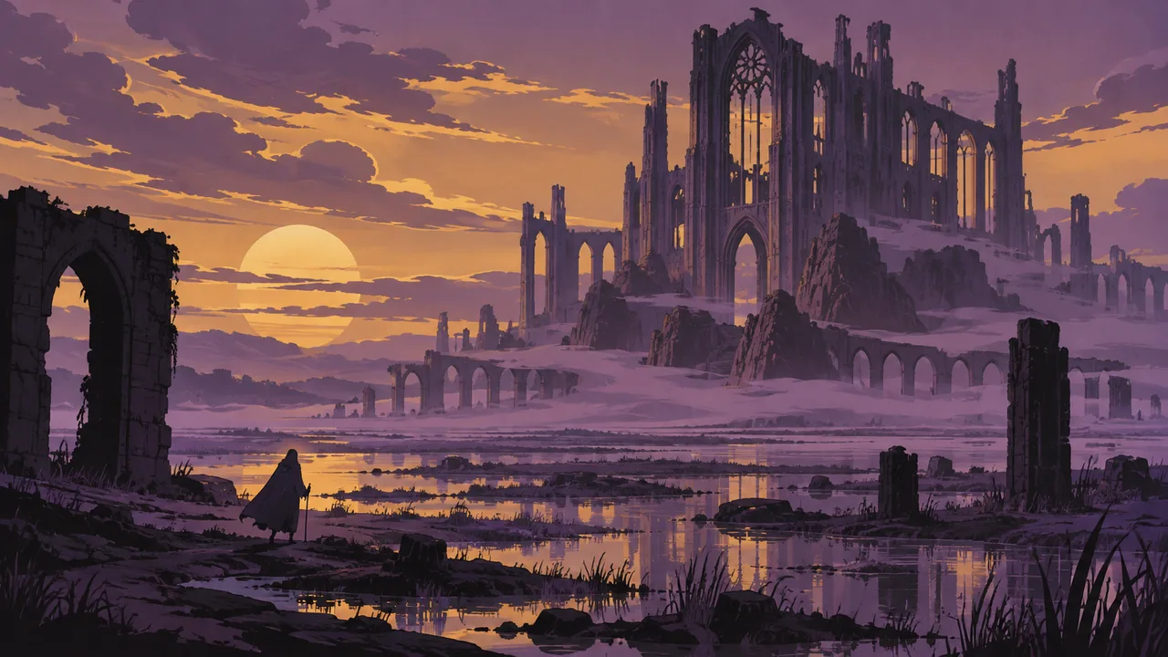 A colossal ruined cathedral sinking into a purple marsh at dusk, slow fog bands, a tiny cloaked figure walking toward it.