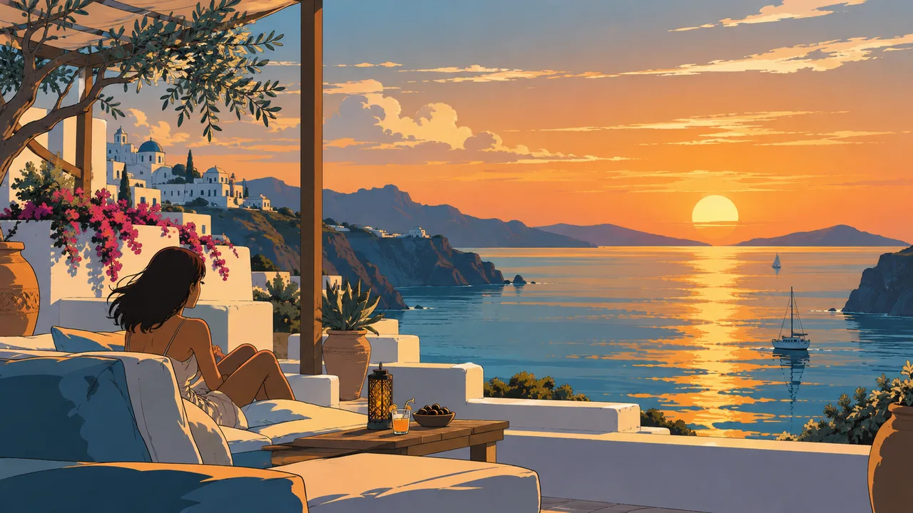 A seaside terrace bar on a Mediterranean island at sunset, white walls, lounge chairs, long golden reflections on calm sea.