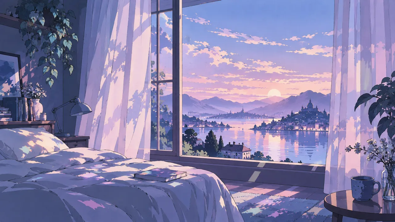 A morning room between translucent curtains and a softened city
