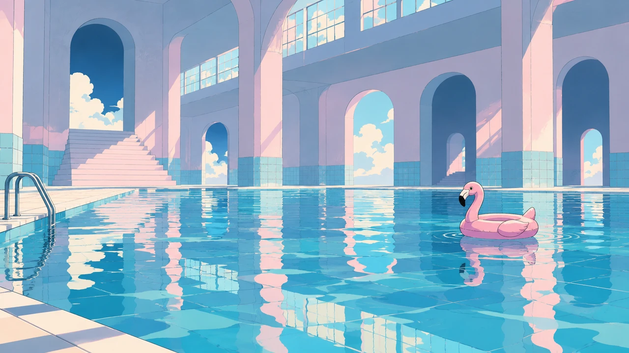 An endless pastel indoor pool with a lone inflatable toy on still water