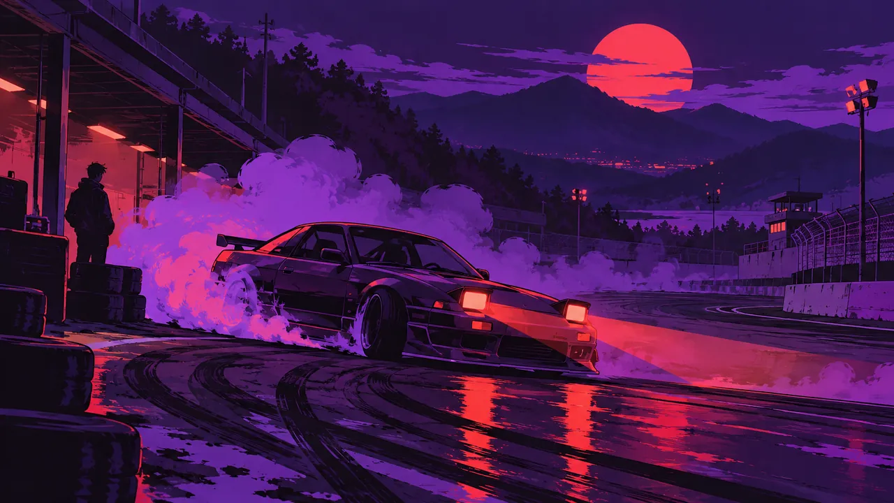 A night pit area beside a closed race track, a drifting sports car's headlights slicing through deep purple smoke, tyre marks on the asphalt.