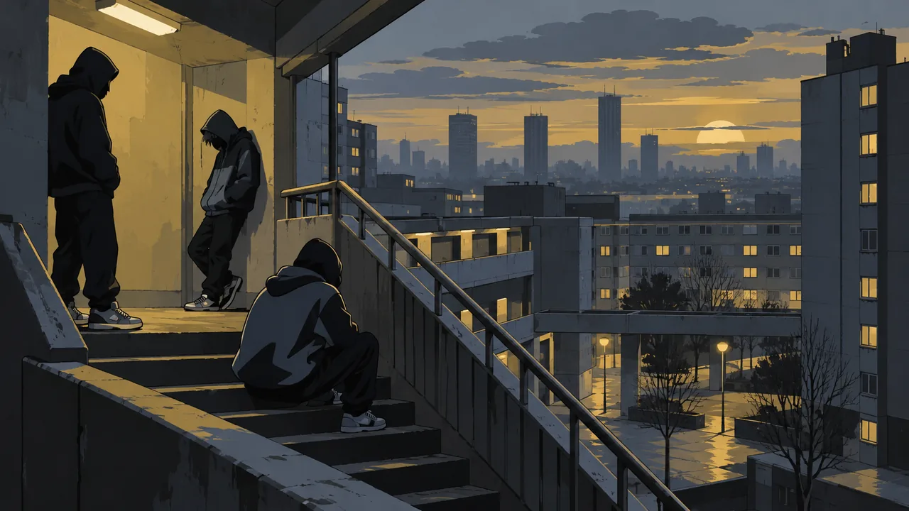 A grey estate at dusk, hooded original figures in a stairwell, cold sodium light, no weapons.