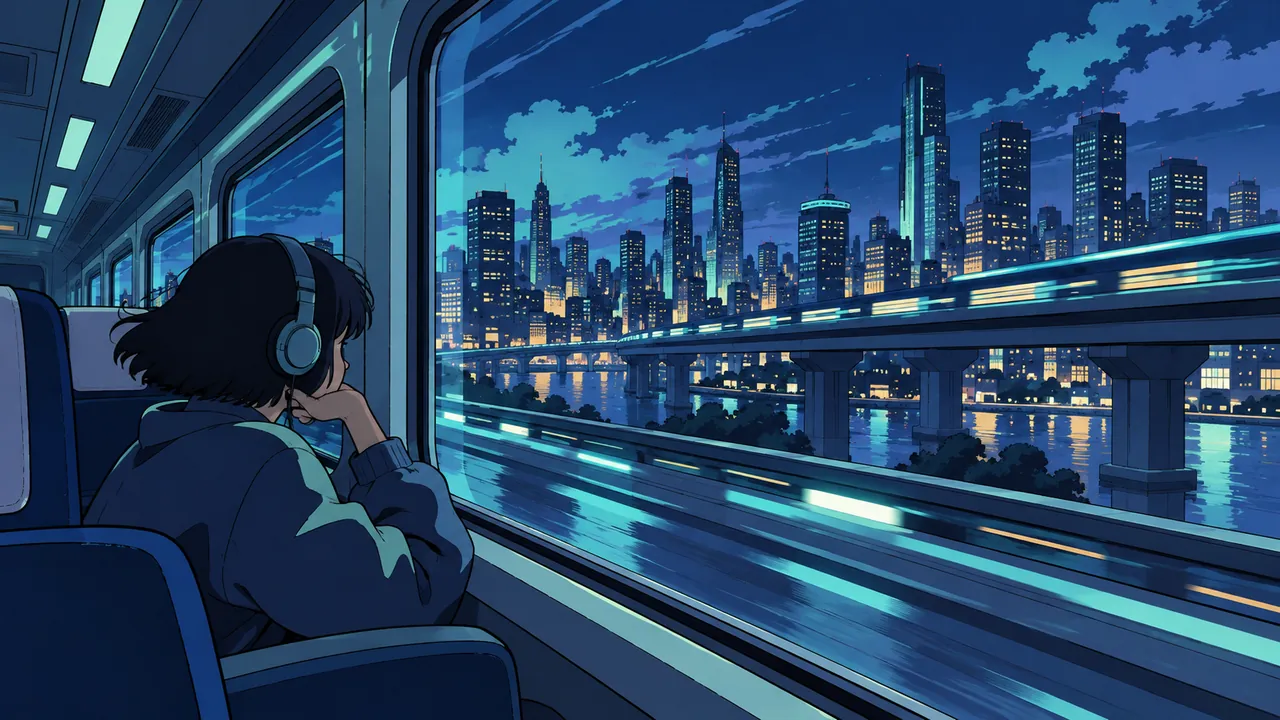 A night train with streaking lights and a quiet passenger