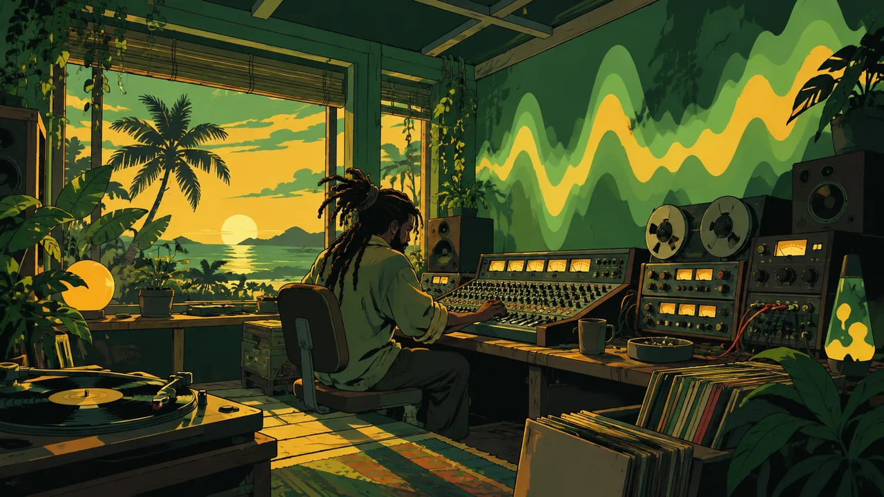 A small studio room glowing green, an original producer at a vintage desk with tape-echo units, flat sound waves echoing across the walls, a palm tree outside.