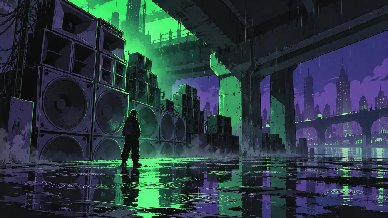 Under a city bridge on a rainy night, a giant wall of speakers vibrates, puddles rippling in concentric circles, neon green light seeping down from above.