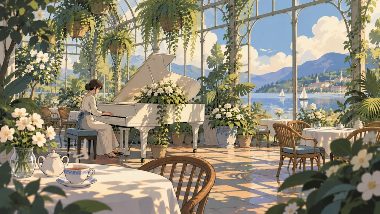 A bright greenhouse cafe in the morning, a white grand piano among plants, soft light shafts, a cup of tea, an original pianist playing gently.