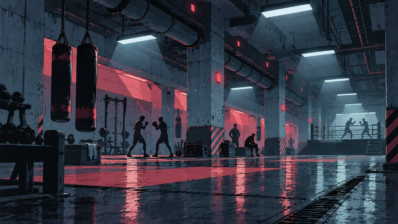 An underground training room with industrial pipes under cold white light