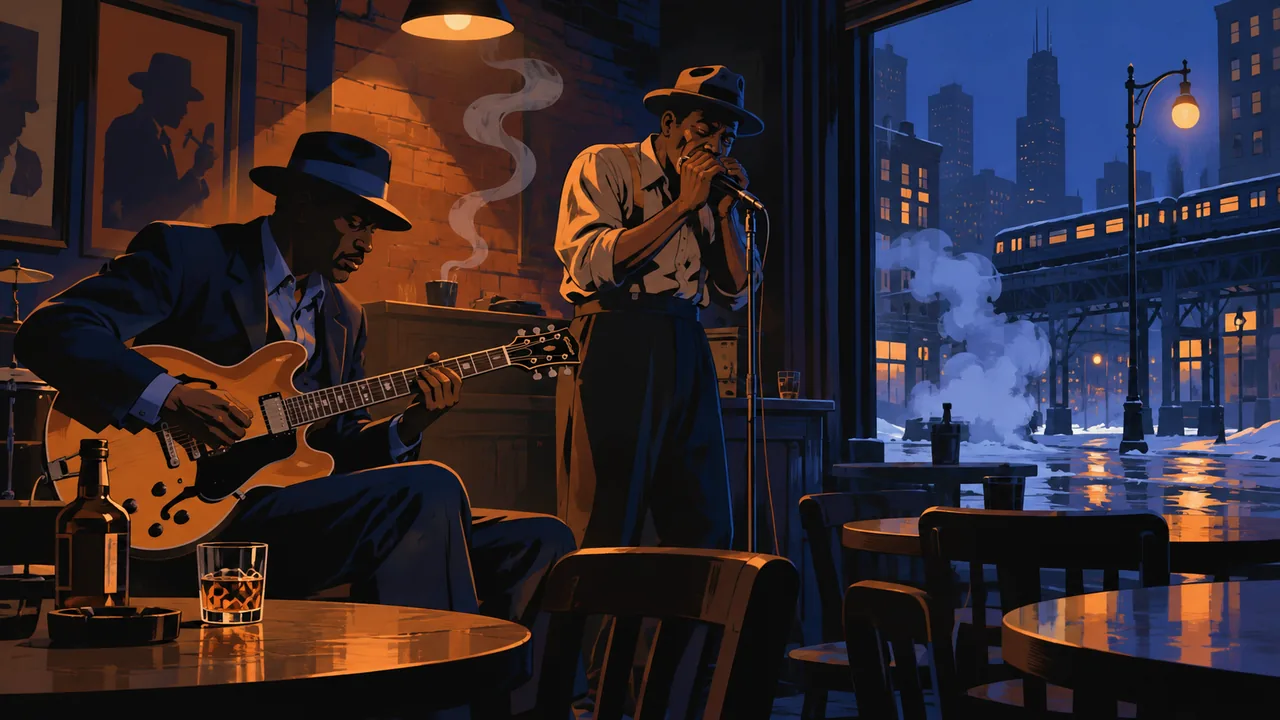 A small Chicago bar on a winter night, an original electric guitarist and harmonica player, steam rising from the street.