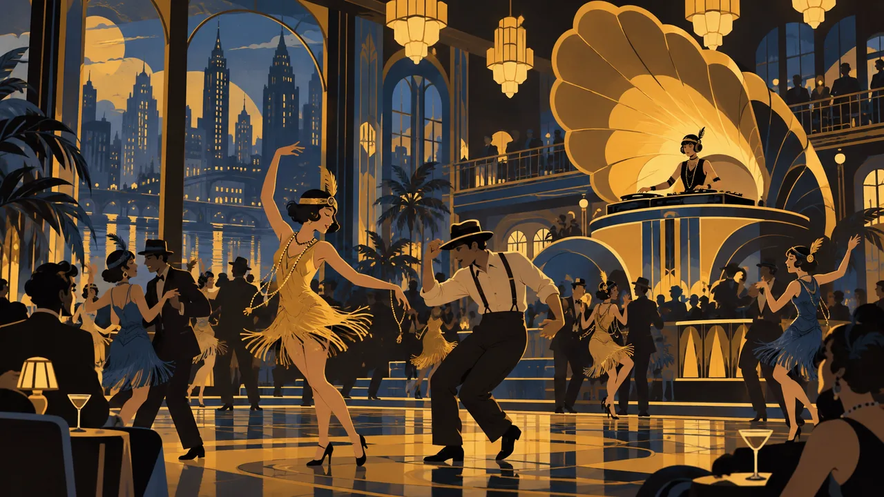 A 1920s speakeasy reimagined as a modern club, original flappers dancing under art-deco lamps, a DJ booth shaped like a gramophone horn.
