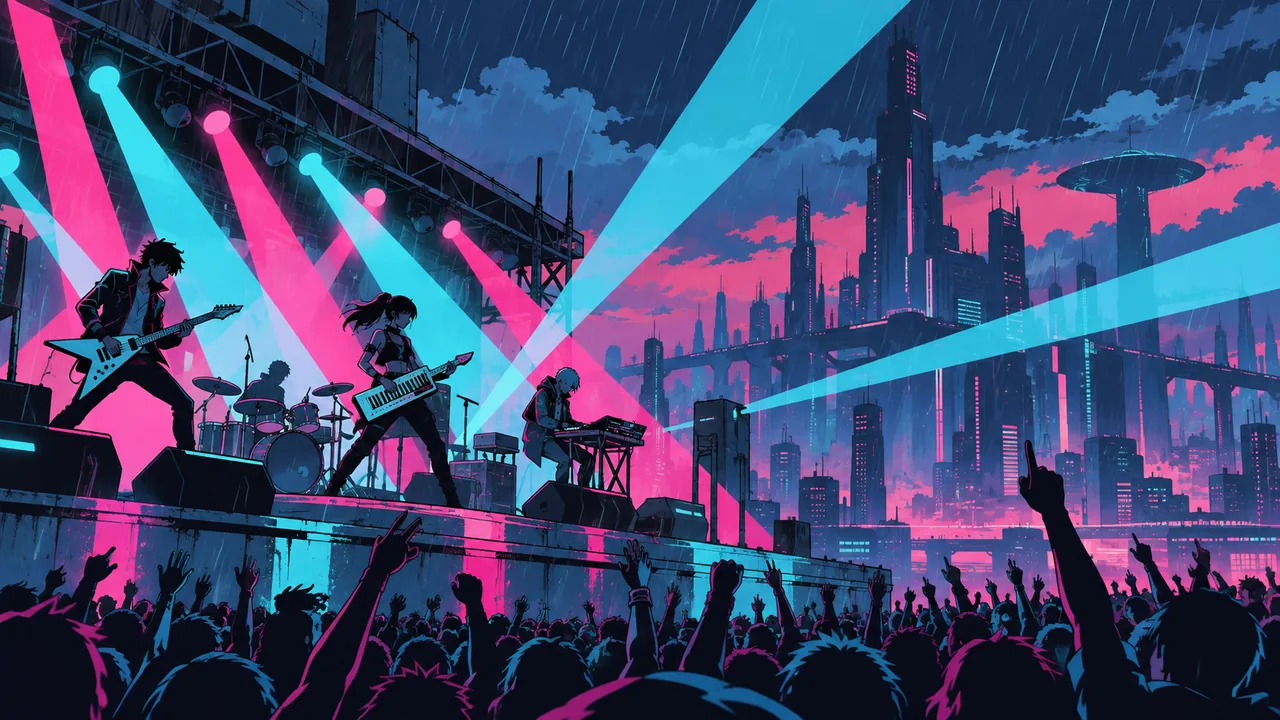 A futuristic rooftop rave stage in rain, flat cyan and magenta beams, an original band mixing guitars and keytars, crowd silhouettes jumping.