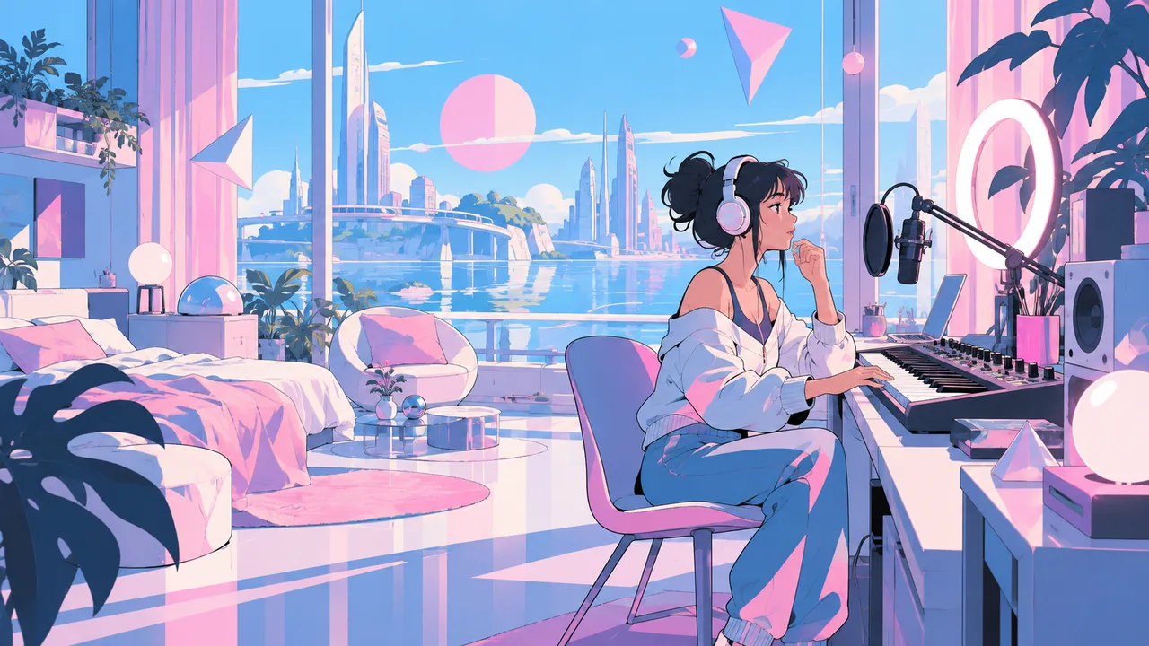 A glossy futuristic bedroom studio, an original singer with a synth and ring light, pastel geometric shapes in the air.