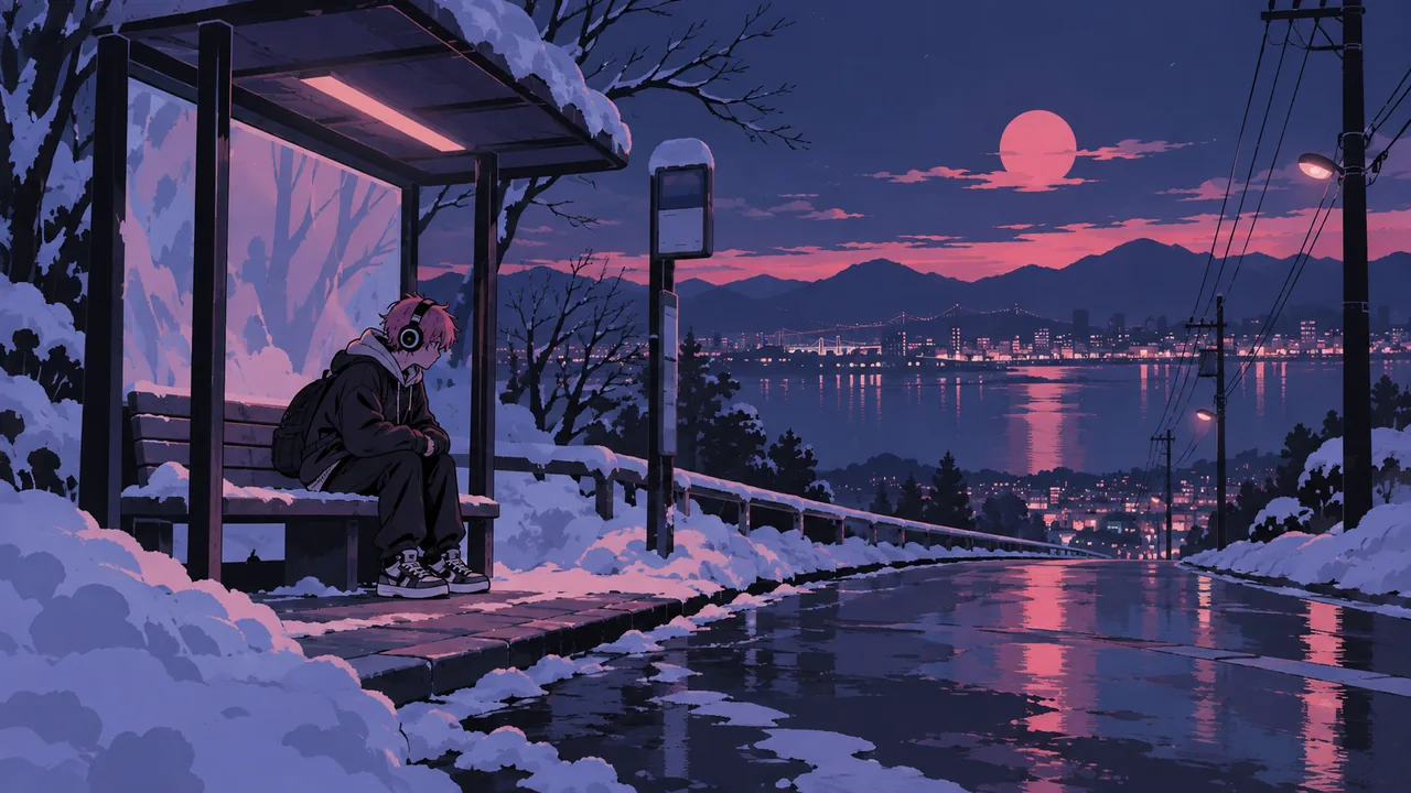 A lonely winter-night bus stop, an original young person with dyed hair and headphones, cold blue light, quiet melancholy.