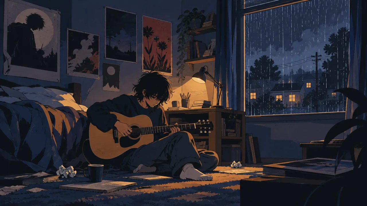 A suburban bedroom at 2am lit by a desk lamp, textless posters, an original teen on the floor with an acoustic guitar, rain on the window.