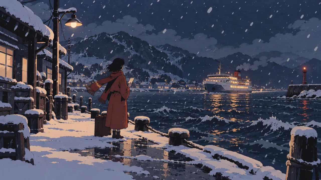雪の夜の港。旅人が切符を握り、遠くでフェリーの灯りが揺れている。