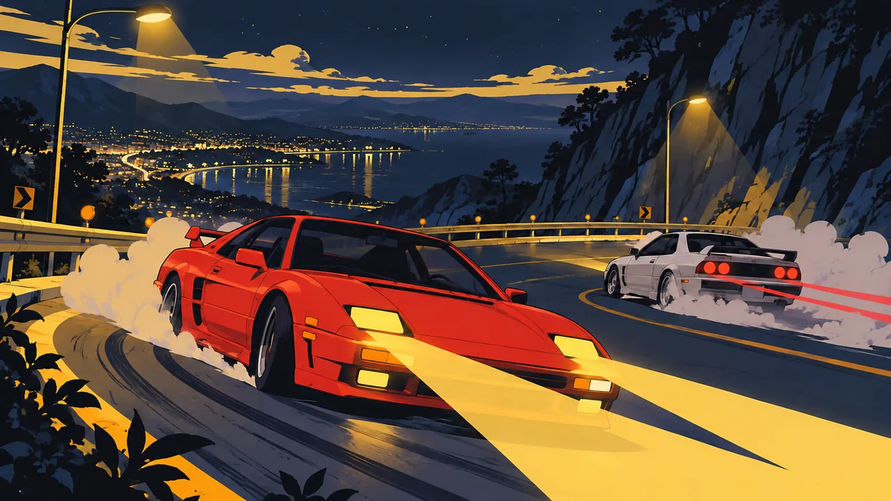 A mountain hairpin at night, two original sports cars drifting under streetlamps, flat headlight beams and tail-light streaks.