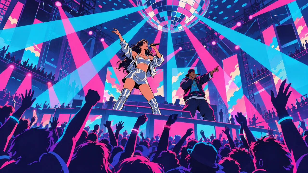 A '90s club with lasers as flat colour beams, an original female singer in silver and an original male rapper on a raised stage, hands up below.