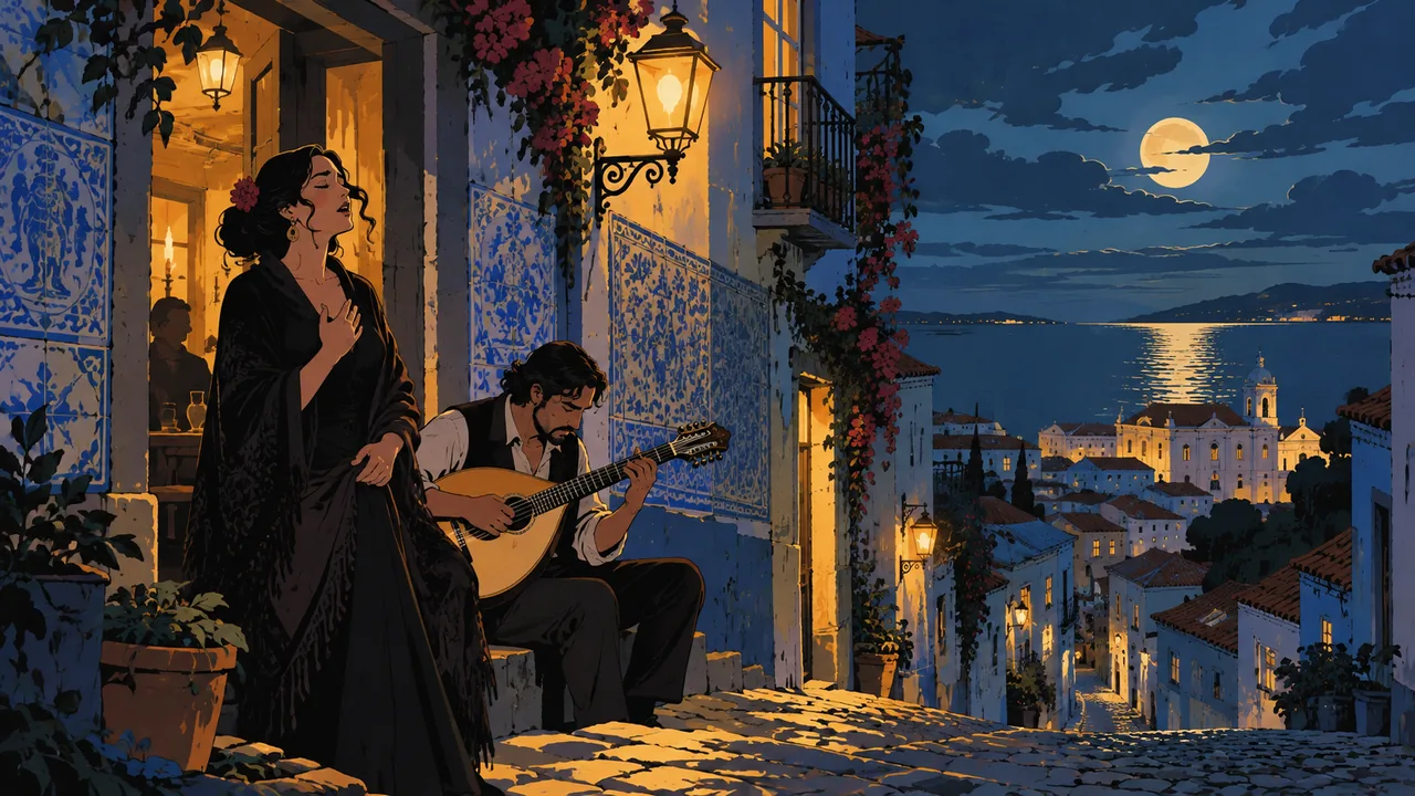 A narrow tiled Lisbon alley at night, an original singer in a black shawl at a tavern door, a Portuguese guitarist beside her, warm light on blue tiles.