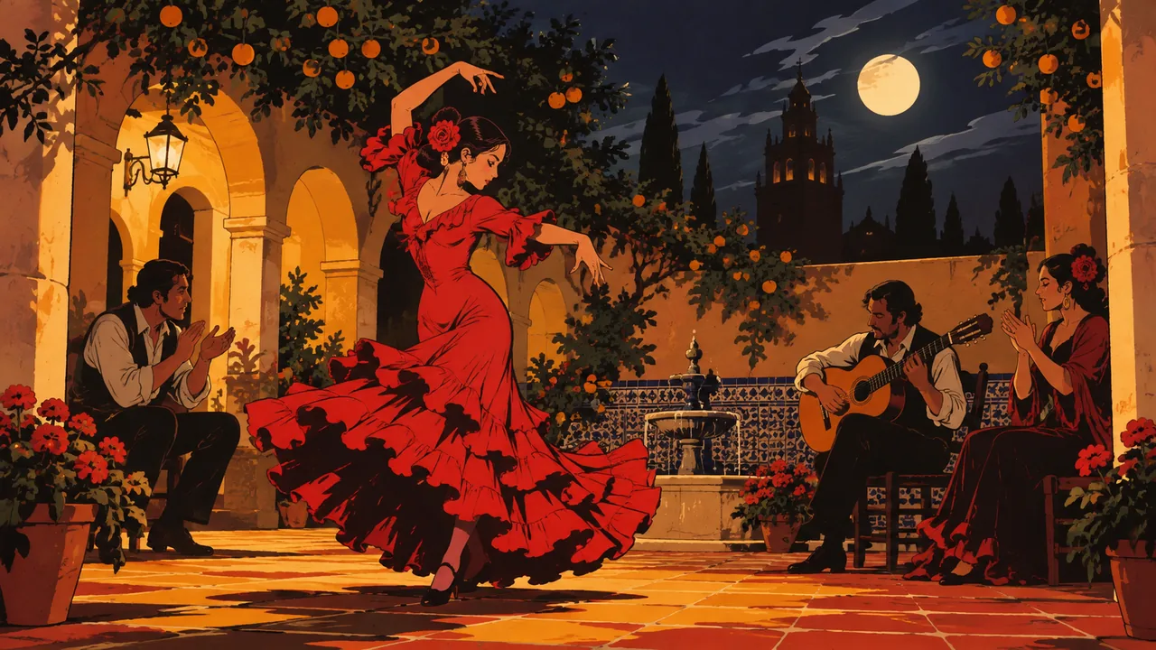 An Andalusian courtyard at night with tiles and orange trees, an original dancer in a ruffled dress mid-turn, guitarist and clapping friends.