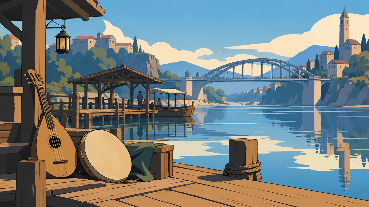 Acoustic instruments, a boatyard and a simple metal arch bridge at a fictional riverside crossing