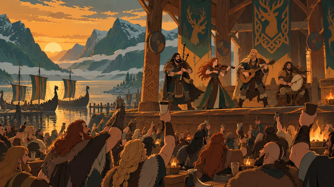 A Nordic mead hall on a fjord at golden hour, longships moored below, an original band with fiddles and bagpipes on a wooden stage, revelers raising horns.