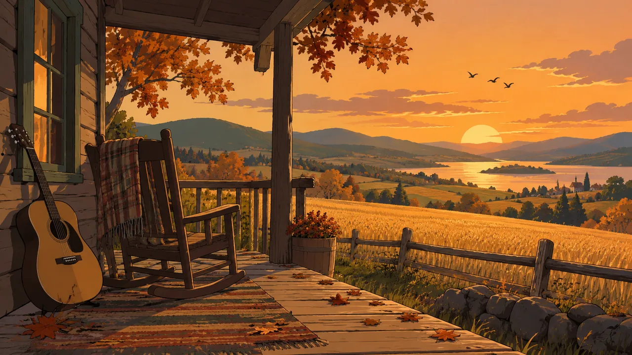 A wooden cabin porch at autumn dusk, an acoustic guitar beside a rocking chair, wheat fields and rolling hills beyond.