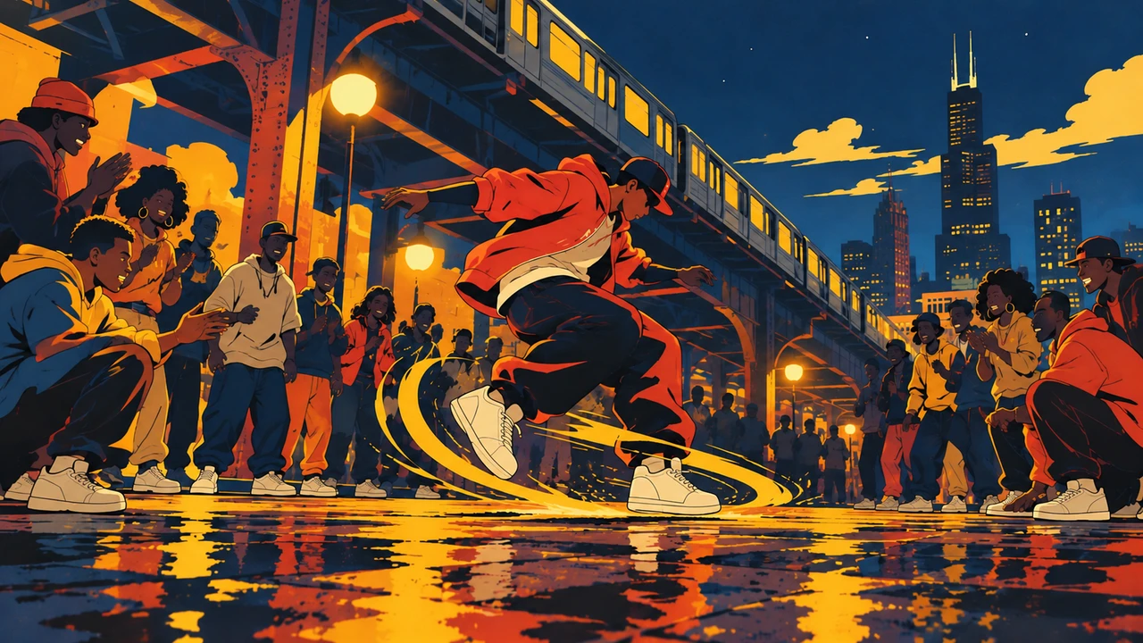 A street-corner dance battle under Chicago's elevated tracks, the dancer's steps drawn as arcs