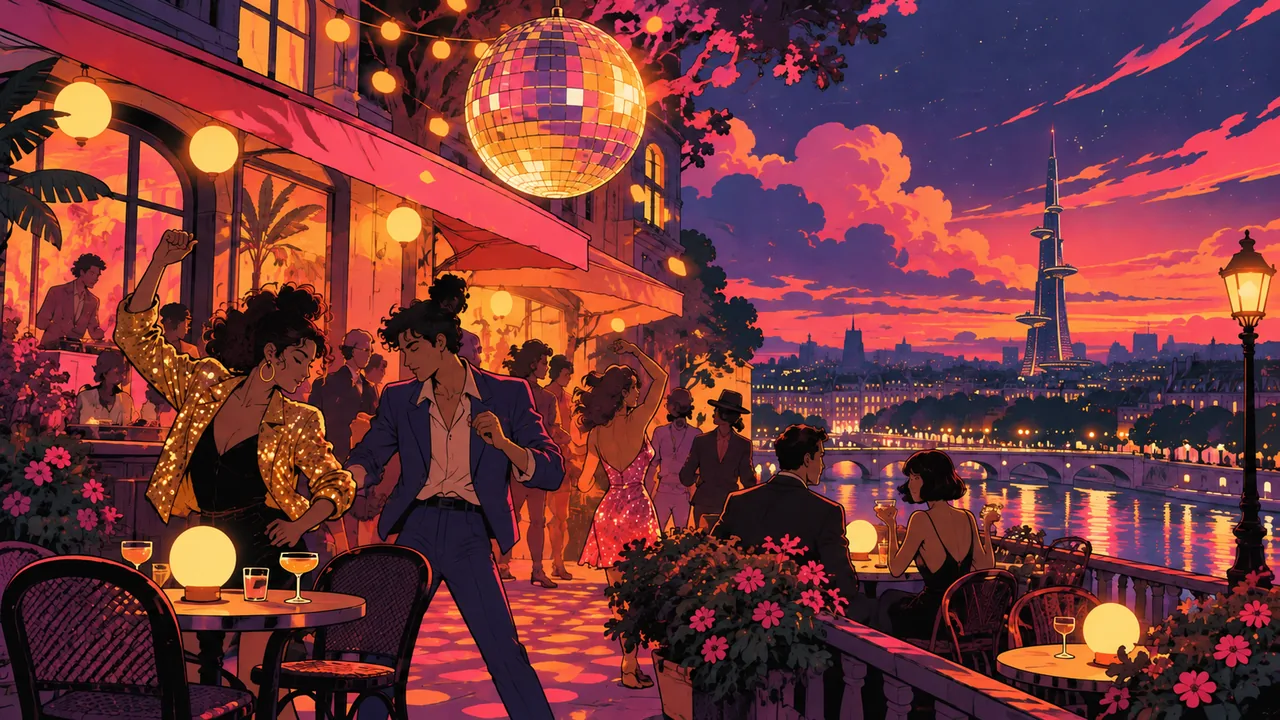 A retro-futuristic Paris street at night, a glowing disco ball over a cafe terrace, original dancers in sparkling jackets, a tower-like silhouette beyond.