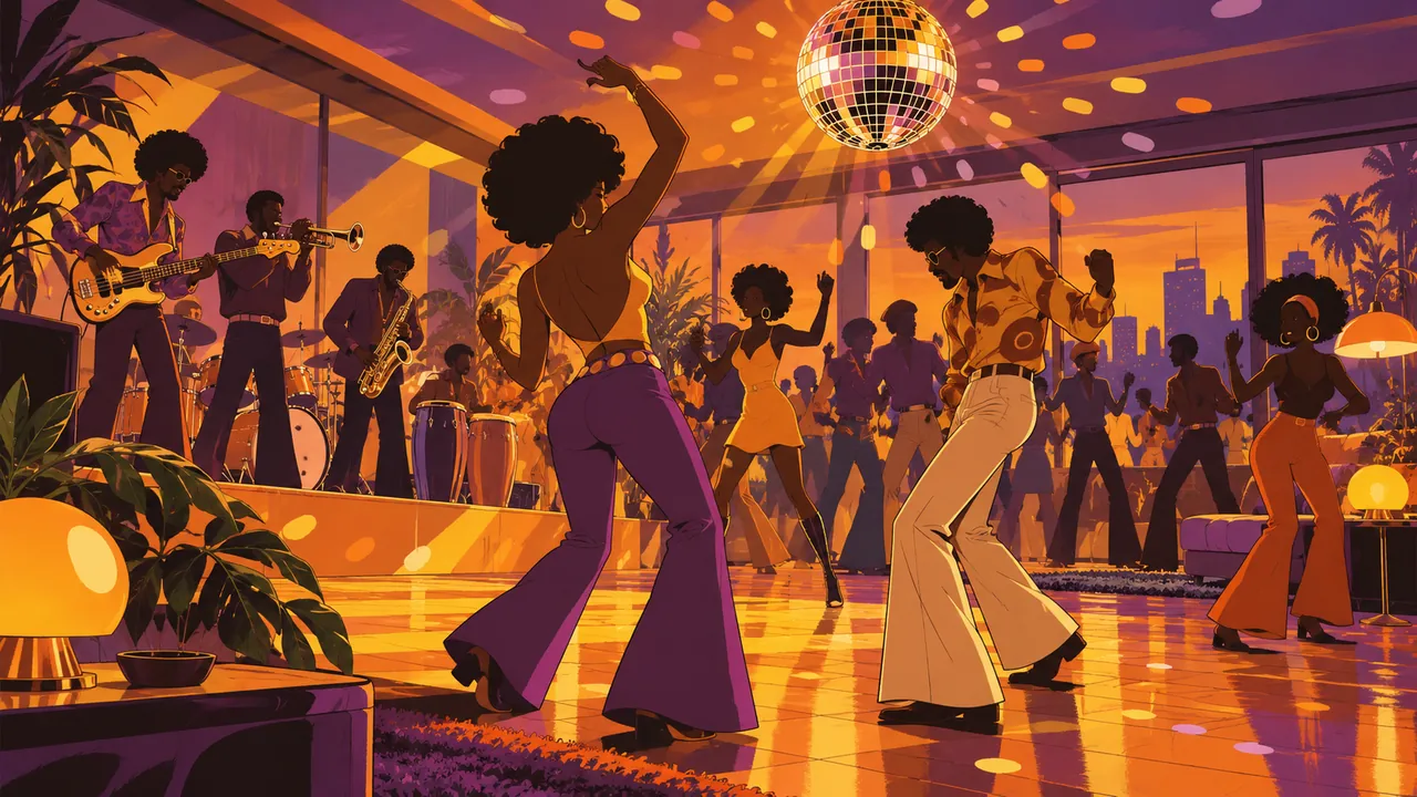 A 1970s house party with a glittering mirror ball, silhouettes of dancers in flares, a bass guitar bouncing in orange and purple light.