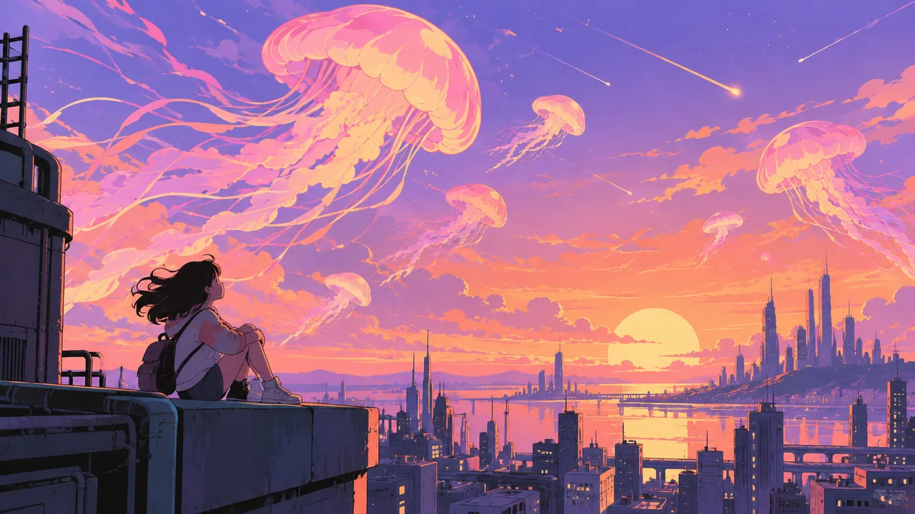 An evening sky washed in pink and orange, a girl on a city rooftop gazing up at floating glowing jellyfish and shooting stars.
